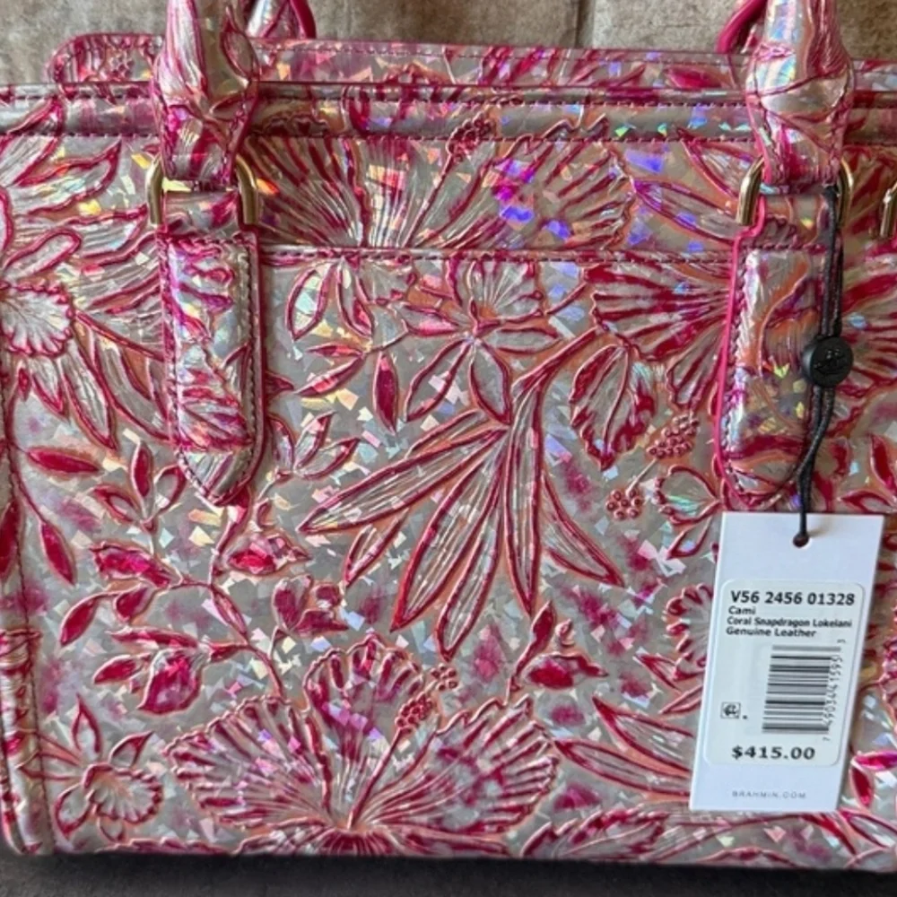 💕▪️Brahmin ▪️Cami Coral Snapdragon Lokeani Pink Iridescent Floral Satchel